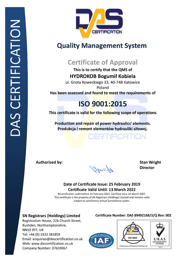 Hydrokob Ceryfikat ISO 9001:2015