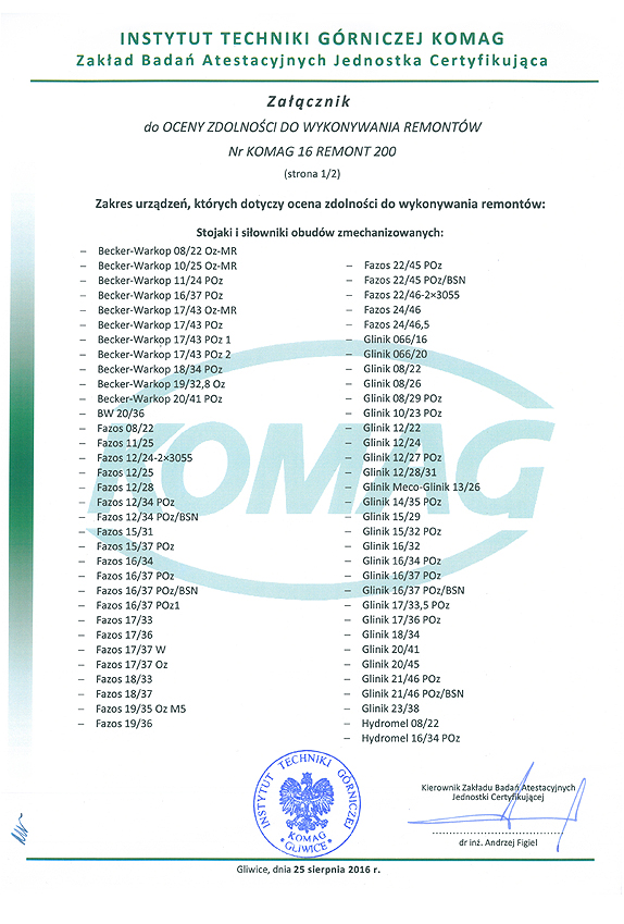 Hydrokob Certyfikat KOMAG